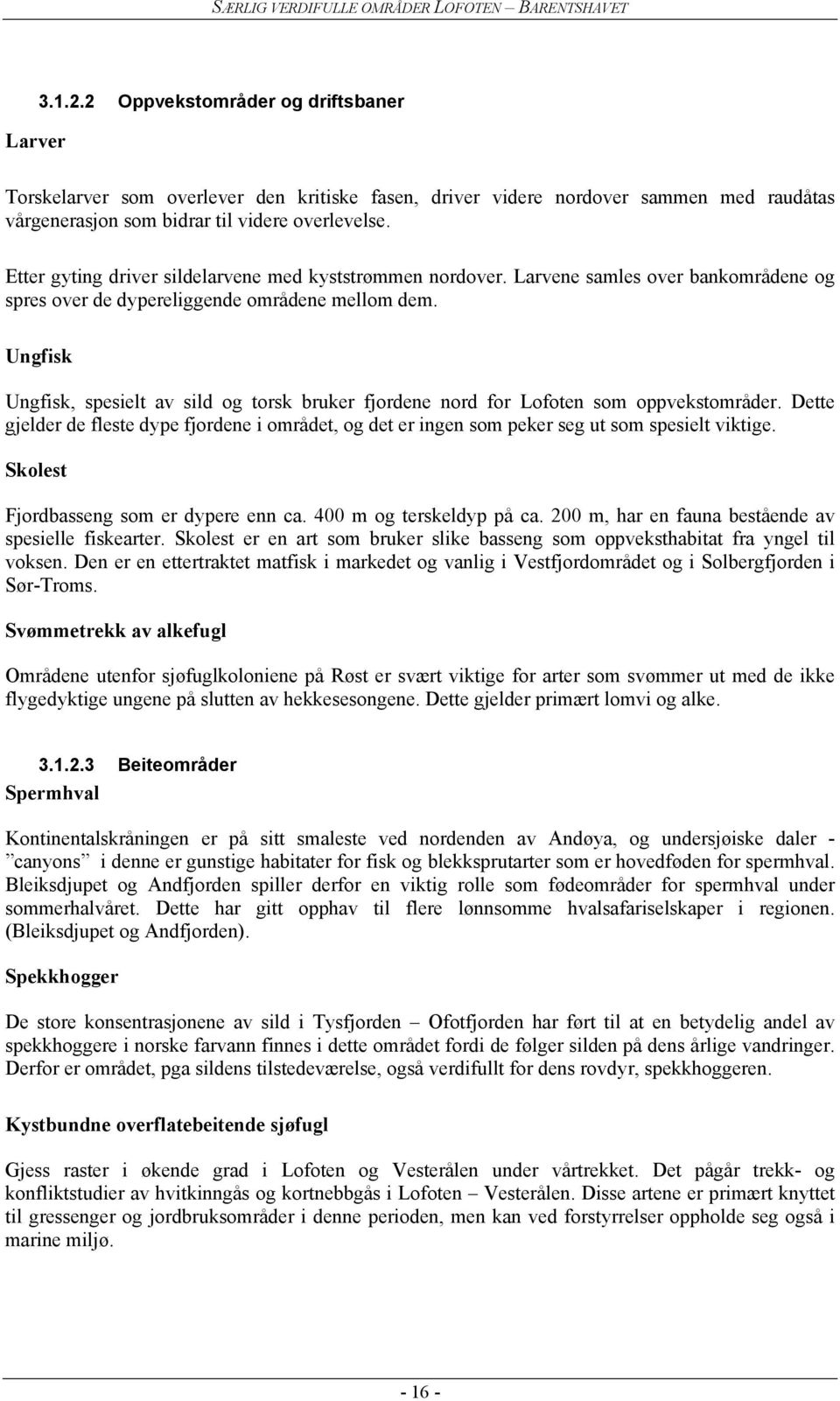 Ungfisk Ungfisk, spesielt av sild og torsk bruker fjordene nord for Lofoten som oppvekstområder. Dette gjelder de fleste dype fjordene i området, og det er ingen som peker seg ut som spesielt viktige.