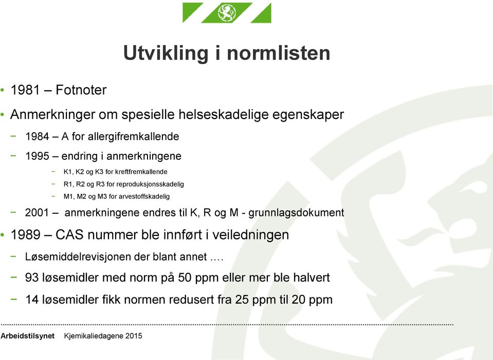 arvestoffskadelig 2001 anmerkningene endres til K, R og M - grunnlagsdokument 1989 CAS nummer ble innført i veiledningen