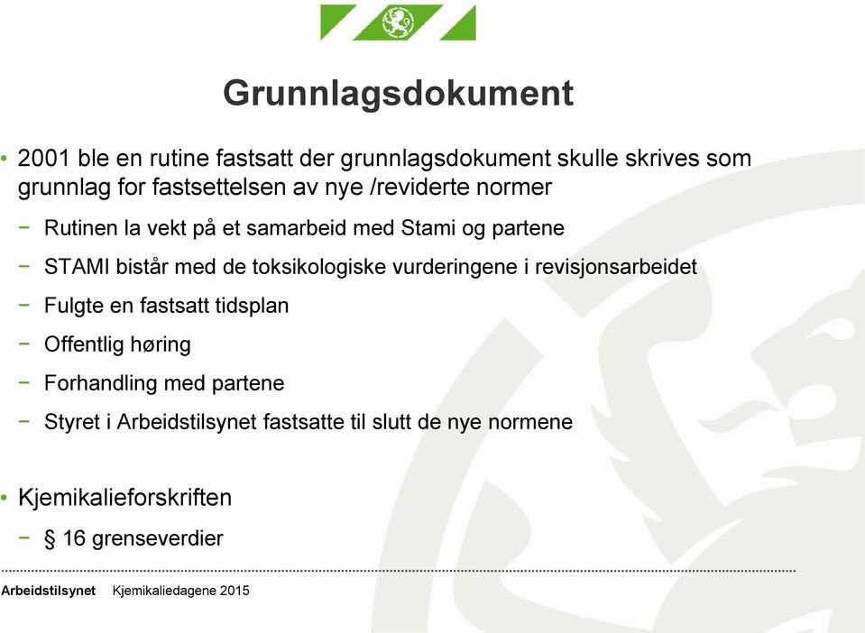 bistår med de toksikologiske vurderingene i revisjonsarbeidet Fulgte en fastsatt tidsplan Offentlig