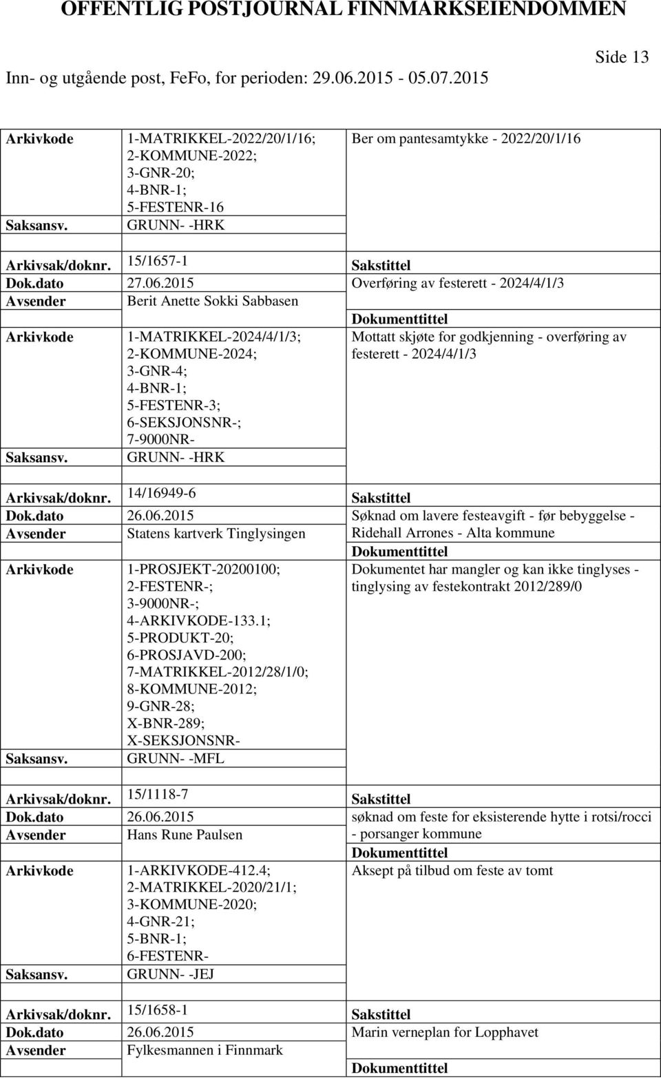 5-FESTENR-3; 6-SEKSJONSNR-; 7-9000NR- GRUNN- -HRK Arkivsak/doknr. 14/16949-6 Sakstittel Dok.dato 26.06.