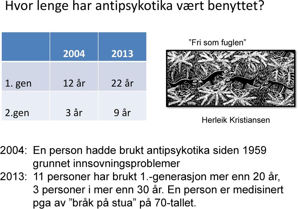 gen 3 år 9 år Herleik Kristiansen 2004: En person hadde brukt antipsykotika siden 1959