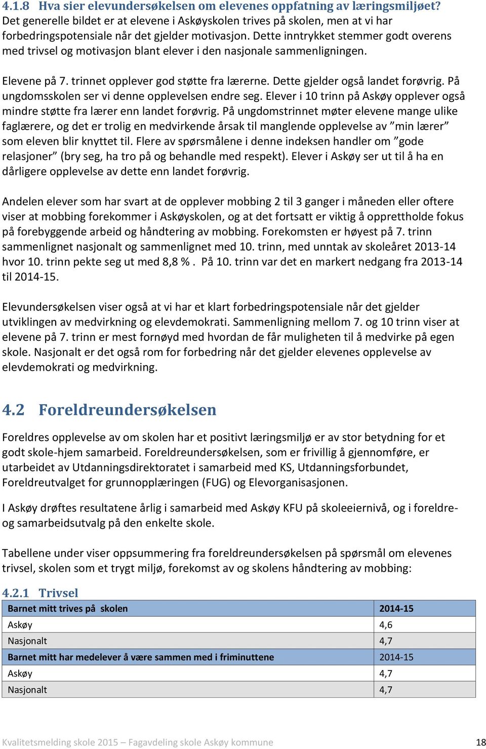 Dette inntrykket stemmer godt overens med trivsel og motivasjon blant elever i den nasjonale sammenligningen. Elevene på 7. trinnet opplever god støtte fra lærerne. Dette gjelder også landet forøvrig.