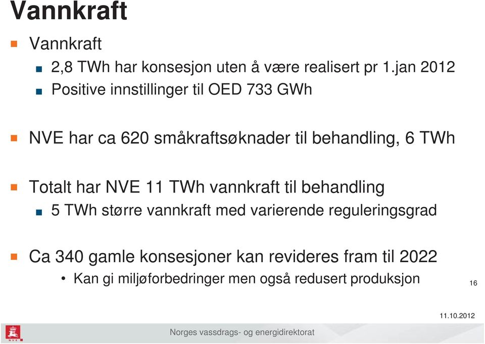 6 TWh Totalt har NVE 11 TWh vannkraft til behandling 5 TWh større vannkraft med varierende