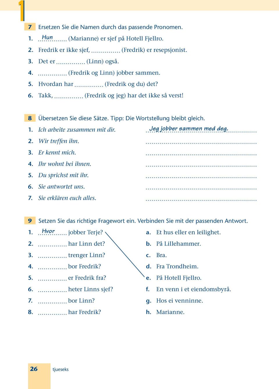 Ich arbeite zusammen mit dir. Jeg jobber sammen med deg. 2. Wir treffen ihn. 3. Er kennt mich. 4. Ihr wohnt bei ihnen. 5. Du sprichst mit ihr. 6. Sie antwortet uns. 7. Sie erklären euch alles.