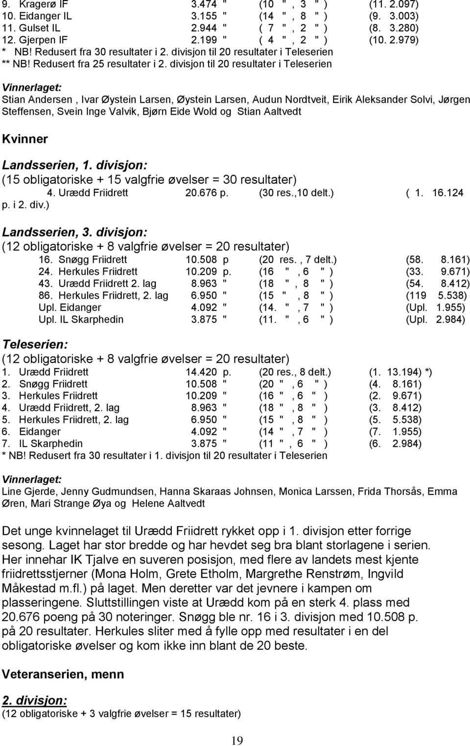 divisjon til 20 resultater i Teleserien Vinnerlaget: Stian Andersen, Ivar Øystein Larsen, Øystein Larsen, Audun Nordtveit, Eirik Aleksander Solvi, Jørgen Steffensen, Svein Inge Valvik, Bjørn Eide