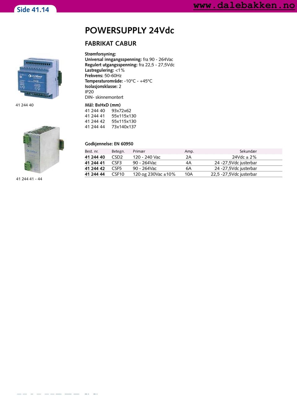 Lastregulering: <1% Frekvens: 50-60Hz Temperaturområde: -10 C - +45 C Isolasjonsklasse: 2 IP20 DIN- skinnemontert Mål: BxHxD (mm) 41 244 40 93x72x62 41 244 41