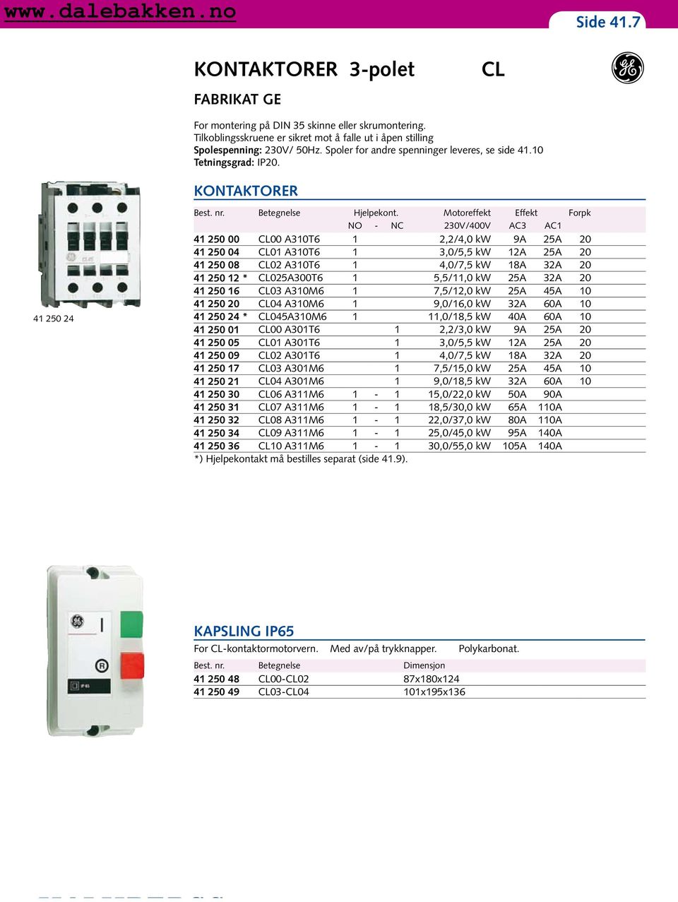 Motoreffekt Effekt Forpk NO - NC 230V/400V AC3 AC1 41 250 00 CL00 A310T6 1 2,2/4,0 kw 9A 25A 20 41 250 04 CL01 A310T6 1 3,0/5,5 kw 12A 25A 20 41 250 08 CL02 A310T6 1 4,0/7,5 kw 18A 32A 20 41 250 12 *