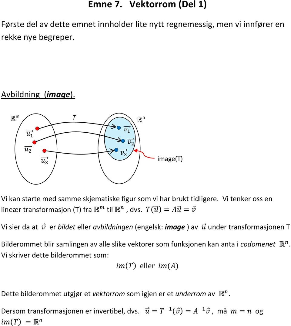 Vi sier da at er bildet eller avbildningen (engelsk: image ) av under transformasjonen T Bilderommet blir samlingen av alle slike vektorer som funksjonen