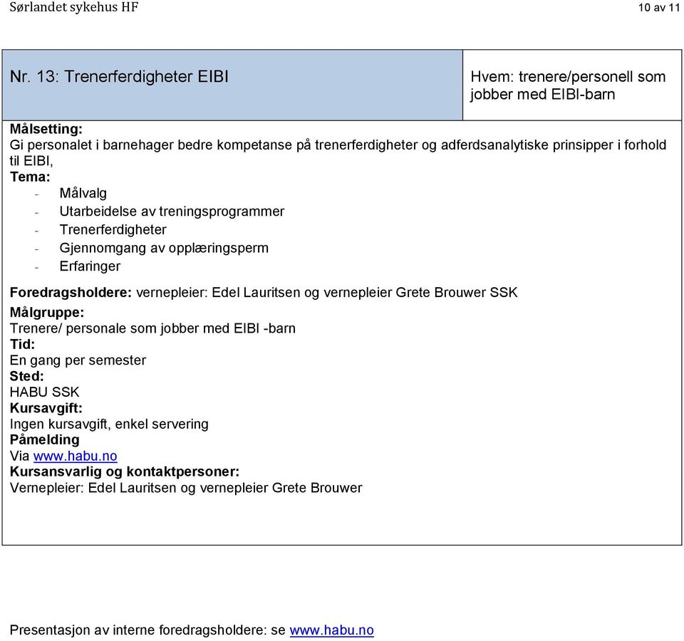 prinsipper i forhold til EIBI, - Målvalg - Utarbeidelse av treningsprogrammer - Trenerferdigheter - Gjennomgang av opplæringsperm - Erfaringer vernepleier: Edel