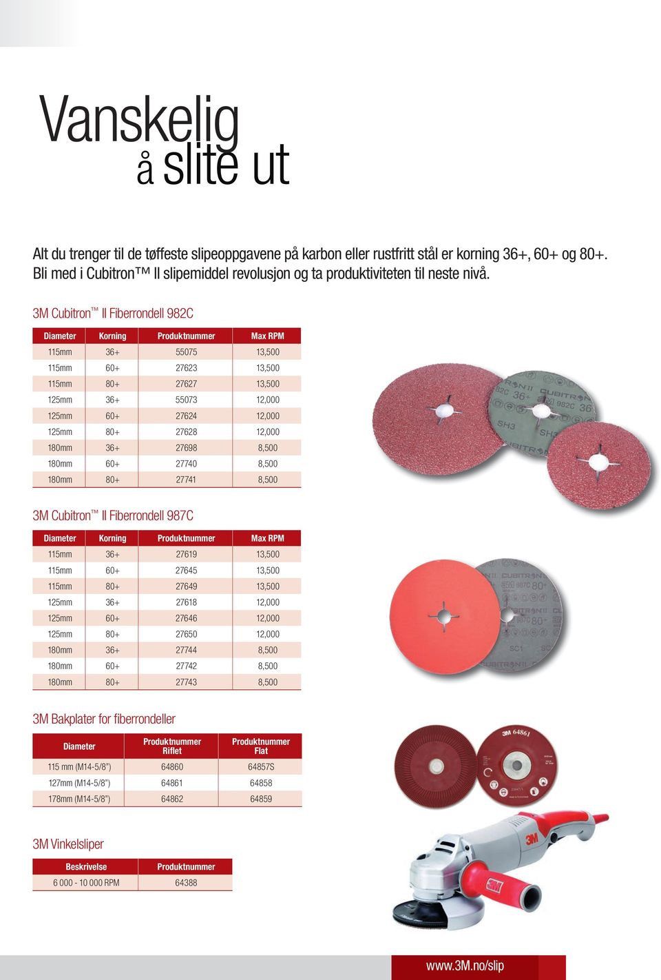 3M Cubitron II Fiberrondell 982C Diameter Korning Produktnummer Max RPM 115mm 36+ 55075 13,500 115mm 60+ 27623 13,500 115mm 80+ 27627 13,500 125mm 36+ 55073 12,000 125mm 60+ 27624 12,000 125mm 80+