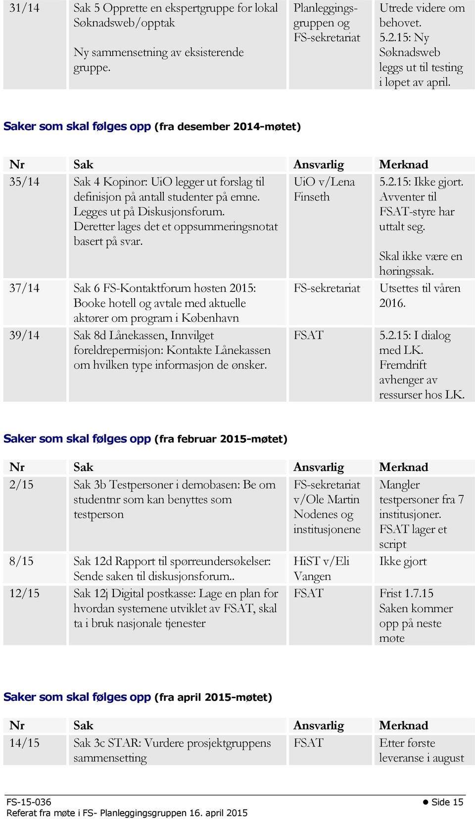 Saker som skal følges opp (fra desember 2014-møtet) Nr Sak Ansvarlig Merknad 35/14 Sak 4 Kopinor: UiO legger ut forslag til definisjon på antall studenter på emne. Legges ut på Diskusjonsforum.