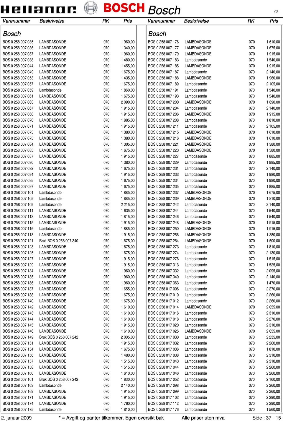 BOS 0 258 007 061 LAMBDASONDE 070 1 675,00 BOS 0 258 007 063 LAMBDASONDE 070 2 090,00 BOS 0 258 007 067 LAMBDASONDE 070 1 915,00 BOS 0 258 007 068 LAMBDASONDE 070 1 915,00 BOS 0 258 007 070