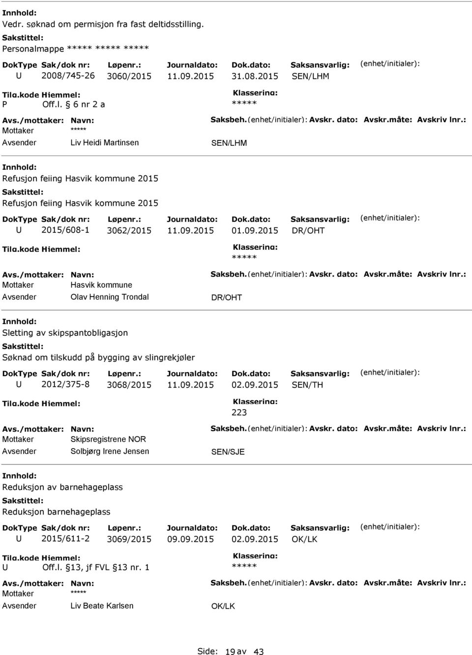 09.2015 DR/OHT Mottaker Hasvik kommune Olav Henning Trondal DR/OHT Sletting av skipspantobligasjon Søknad om tilskudd på bygging av slingrekjøler