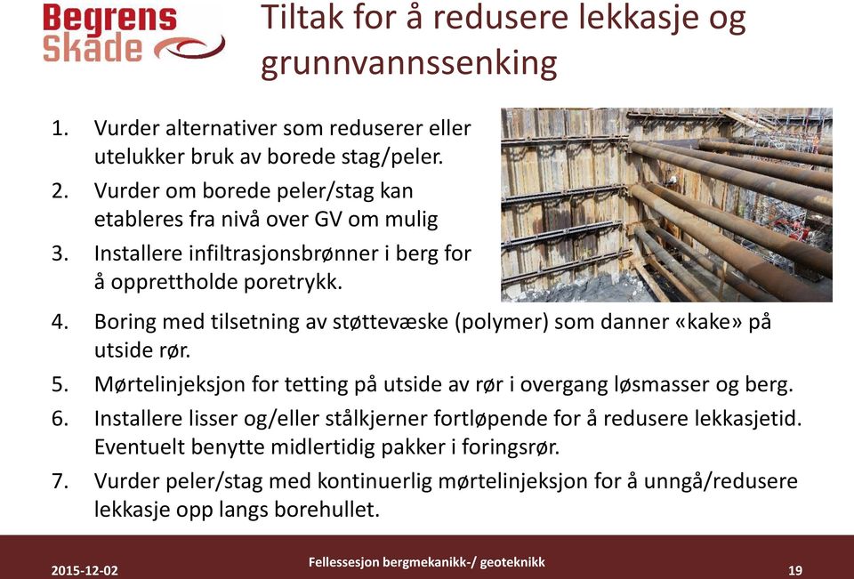 Boring med tilsetning av støttevæske (polymer) som danner «kake» på utside rør. 5. Mørtelinjeksjon for tetting på utside av rør i overgang løsmasser og berg. 6.