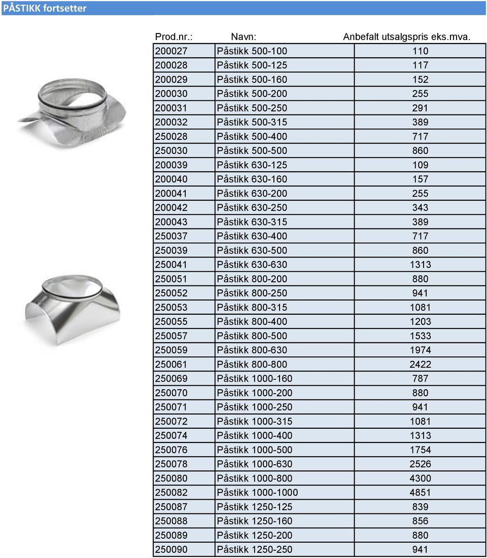 717 250039 Påstikk 630-500 860 250041 Påstikk 630-630 1313 250051 Påstikk 800-200 880 250052 Påstikk 800-250 941 250053 Påstikk 800-315 1081 250055 Påstikk 800-400 1203 250057 Påstikk 800-500 1533