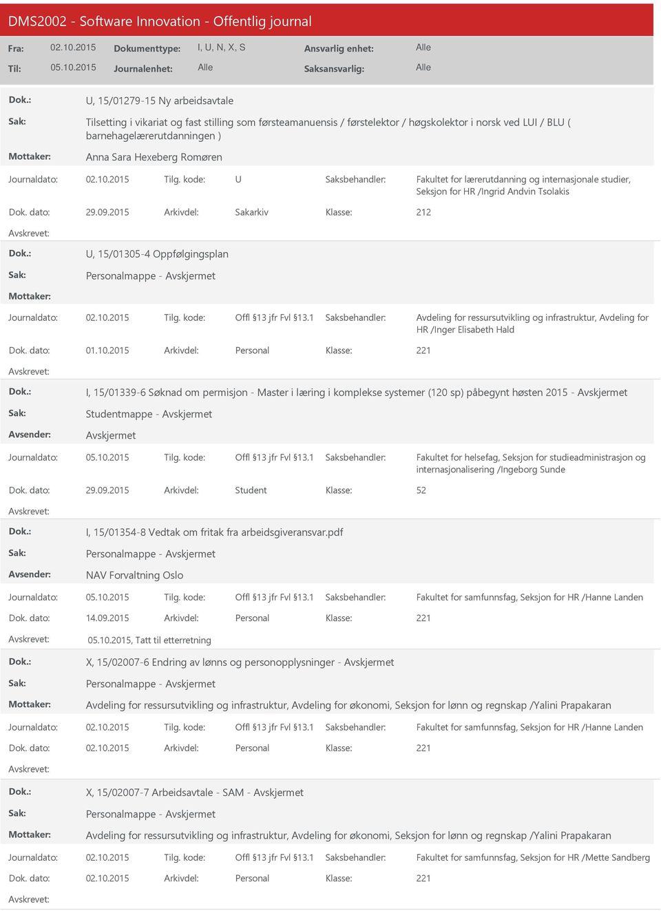 2015 Arkivdel: Personal I, 15/01339-6 Søknad om permisjon - Master i læring i komplekse systemer (120 sp) påbegynt høsten 2015 - Studentmappe - internasjonalisering /Ingeborg Sunde Dok. dato: 29.09.