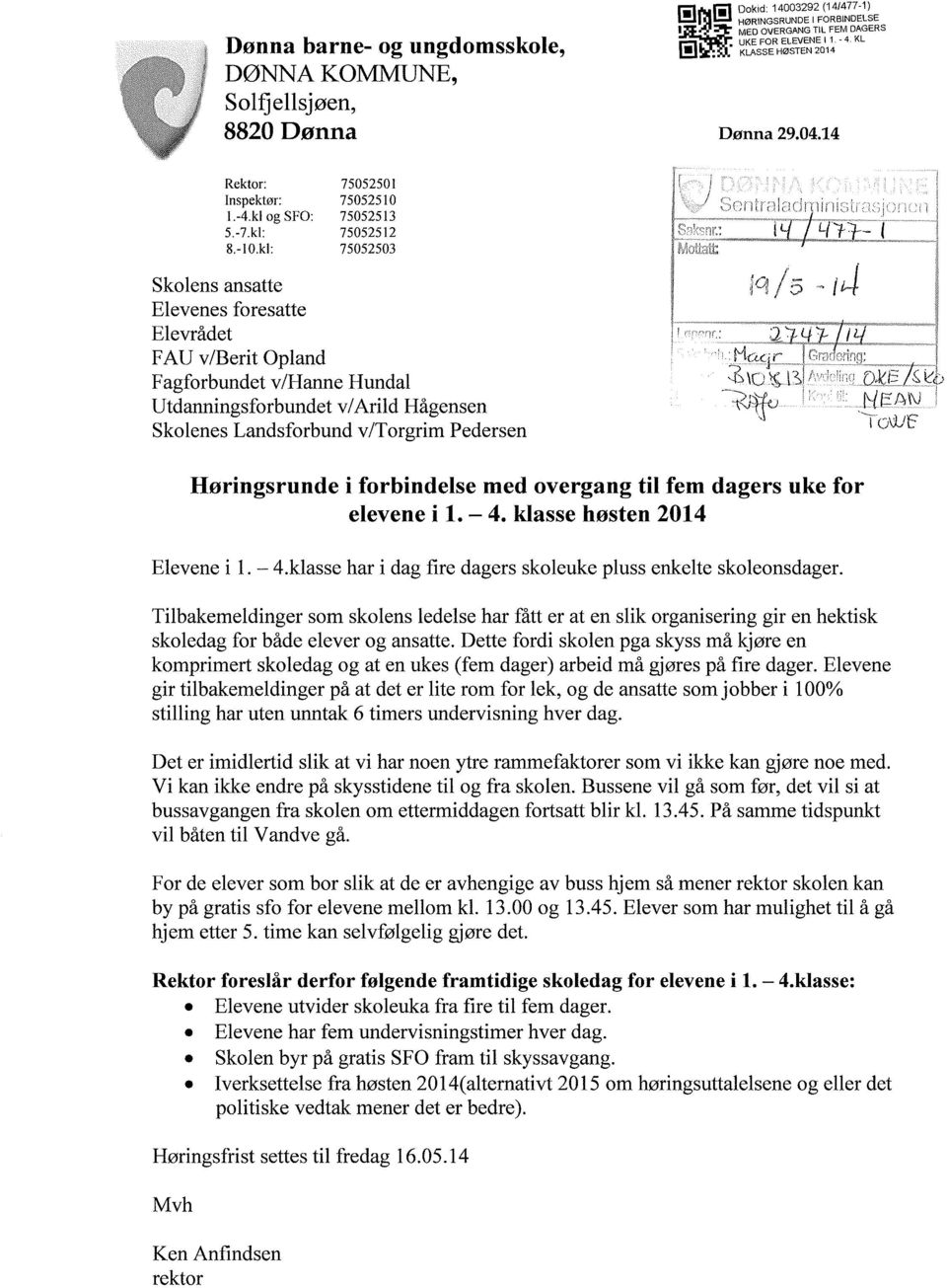 kl: 75052503 Skolens ansatte 15%/ E5 i/j Elevenes foresatte Elevrådet 5.2141? /M FAU V/Berit Opland á i' " LÅ`1CL;;1ií..i Fagforbundet v/hanne Hundal i jg? 1.3115 f Utdanningsforbundet v/arild Hågensen i 'få Skolenes Landsforbund v/torgrim Pedersen Høringsrunde i forbindelse med overgang til fem dagers uke for elevene i 1.