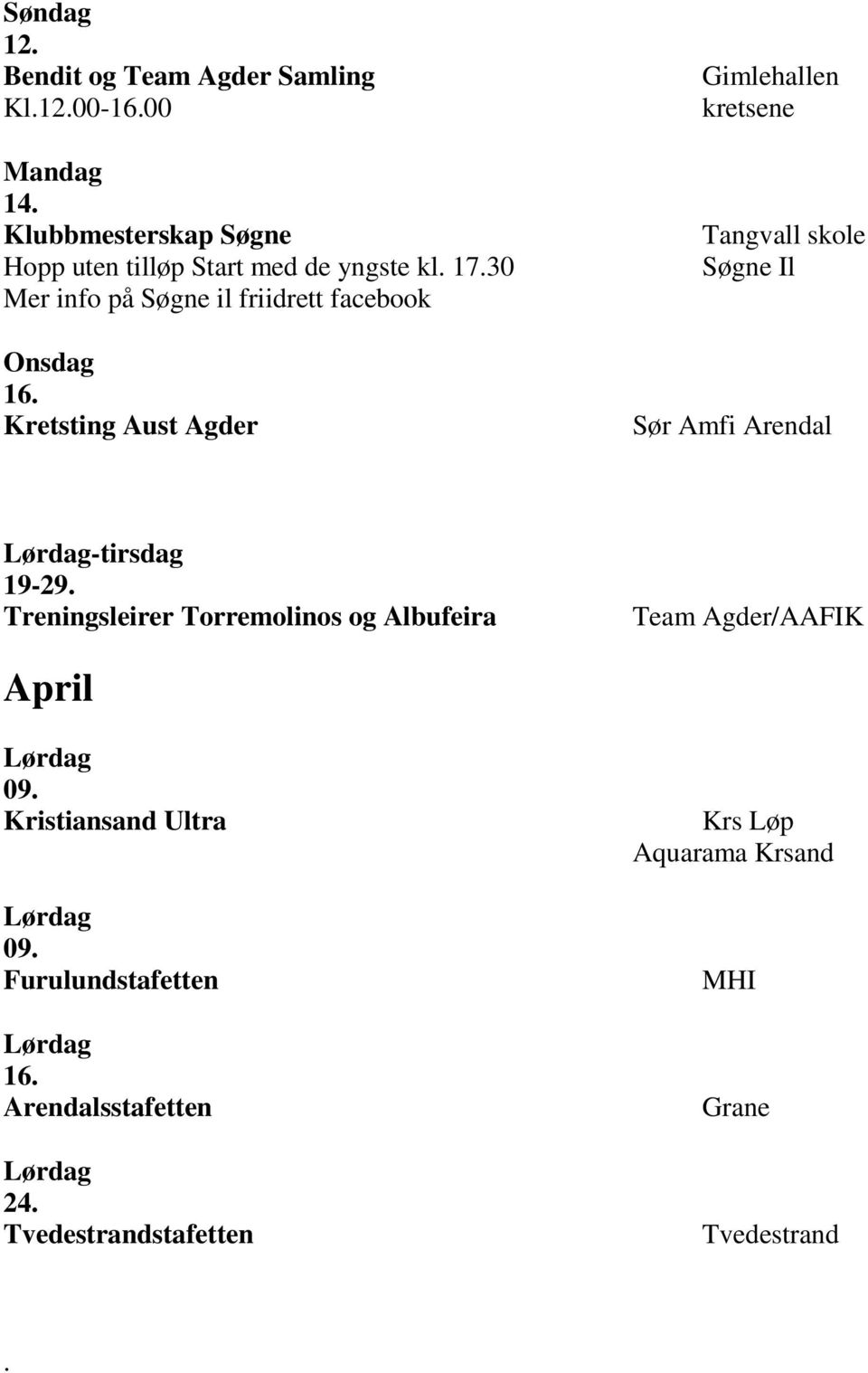 Kretsting Aust Agder Gimlehallen kretsene Tangvall skole Søgne Il Sør Amfi Arendal -tirsdag 19-29.