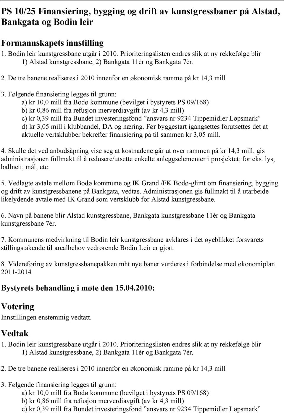 Følgende finansiering legges til grunn: a) kr 10,0 mill fra Bodø kommune (bevilget i bystyrets PS 09/168) b) kr 0,86 mill fra refusjon merverdiavgift (av kr 4,3 mill) c) kr 0,39 mill fra Bundet