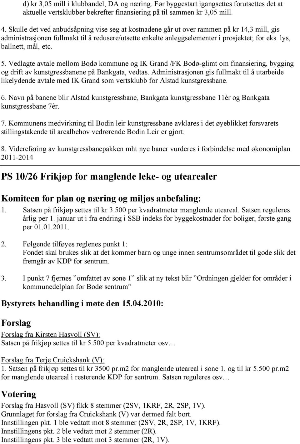 lys, ballnett, mål, etc. 5. Vedlagte avtale mellom Bodø kommune og IK Grand /FK Bodø-glimt om finansiering, bygging og drift av kunstgressbanene på Bankgata, vedtas.