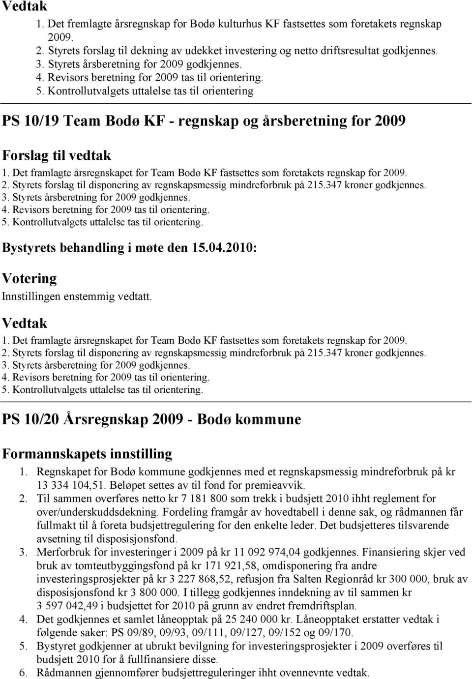 Kontrollutvalgets uttalelse tas til orientering PS 10/19 Team Bodø KF - regnskap og årsberetning for 2009 Forslag til vedtak 1.