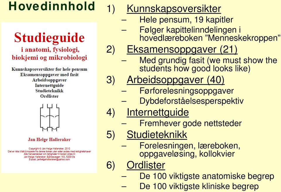 Arbeidsoppgaver (40) Førforelesningsoppgaver Dybdeforståelsesperspektiv 4) Internettguide Fremhever gode nettsteder 5)