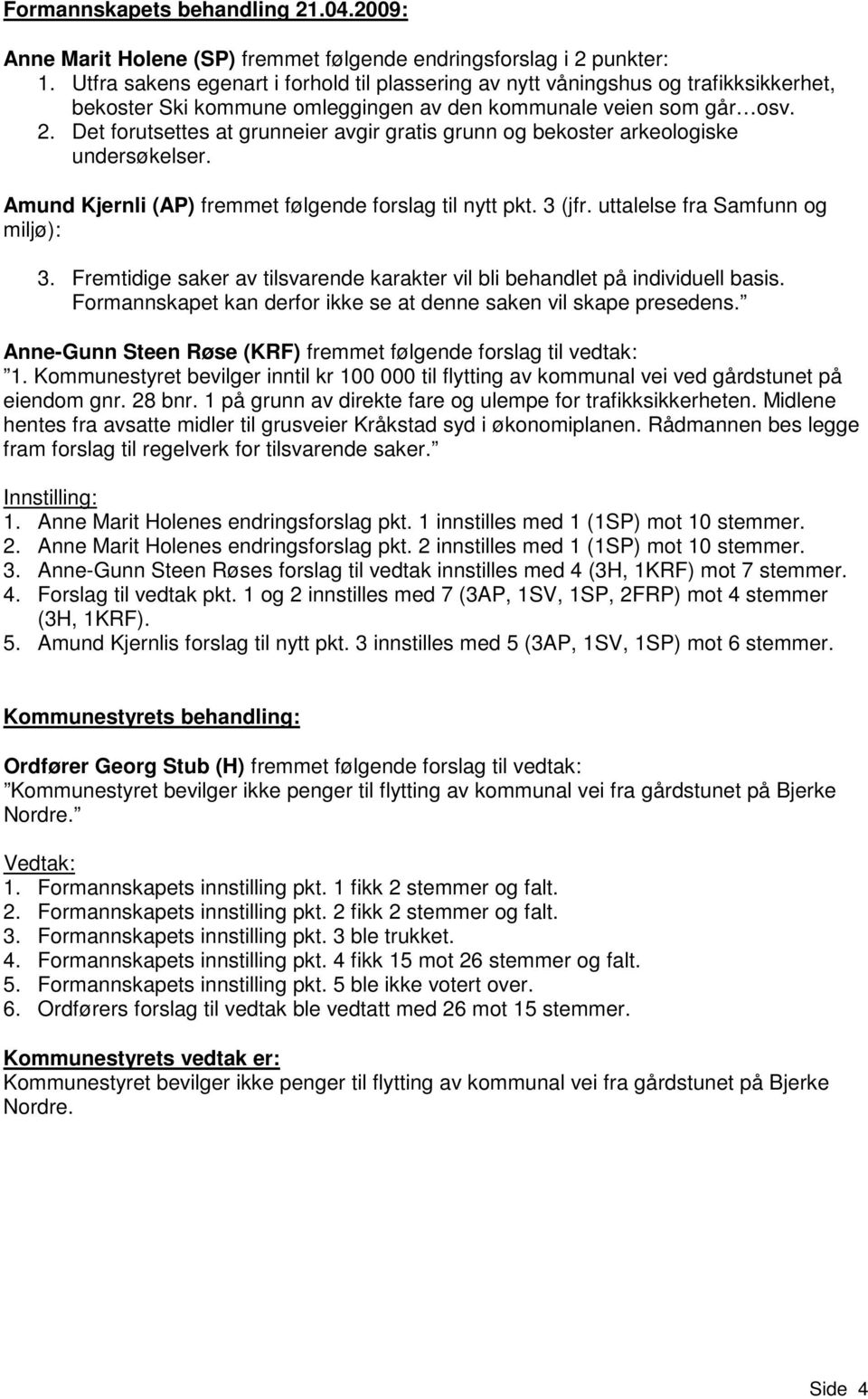 Det forutsettes at grunneier avgir gratis grunn og bekoster arkeologiske undersøkelser. Amund Kjernli (AP) fremmet følgende forslag til nytt pkt. 3 (jfr. uttalelse fra Samfunn og miljø): 3.