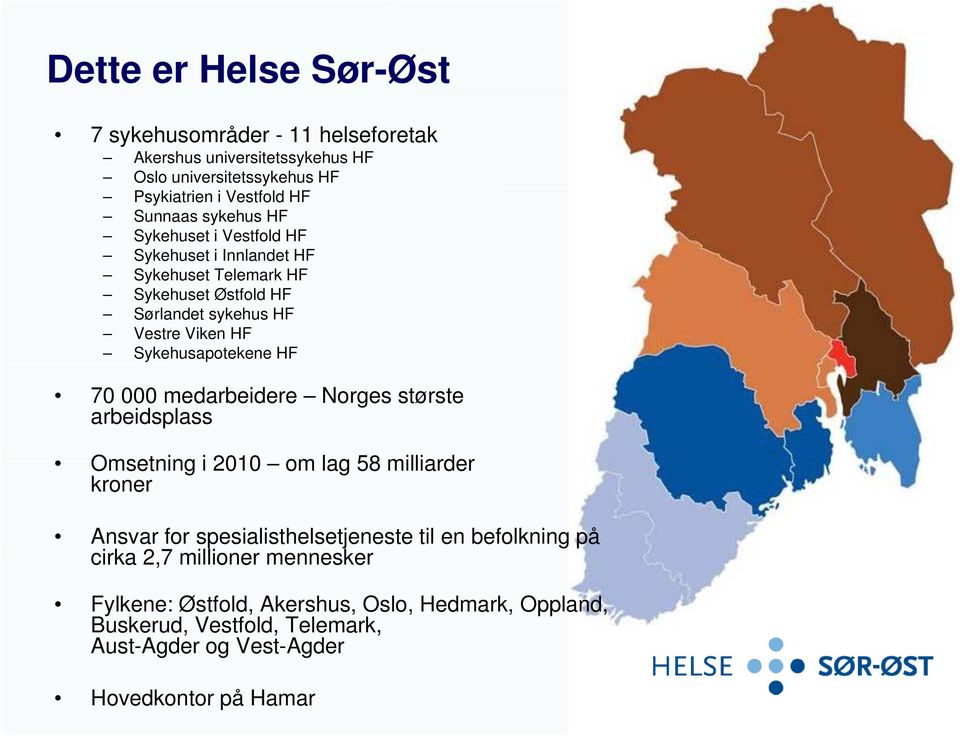 Sykehusapotekene HF 70 000 medarbeidere Norges største arbeidsplass Omsetning i 2010 om lag 58 milliarder kroner Ansvar for spesialisthelsetjeneste til en