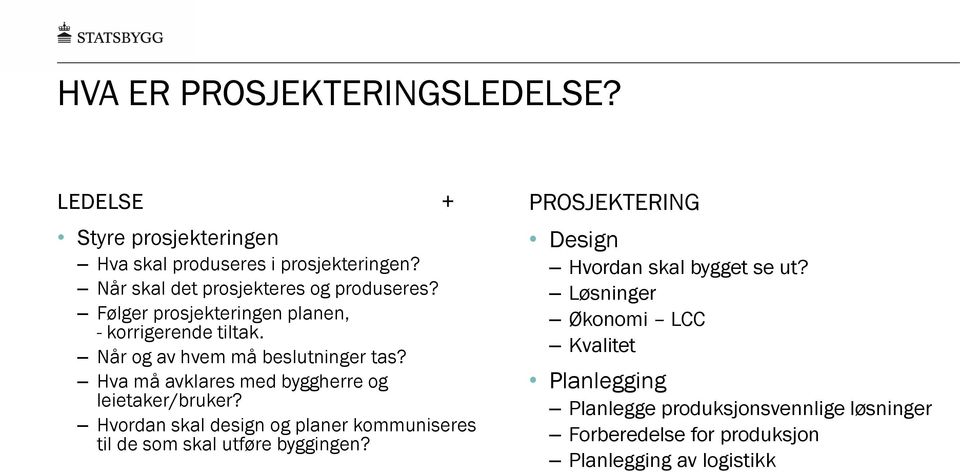 Hva må avklares med byggherre og leietaker/bruker? Hvordan skal design og planer kommuniseres til de som skal utføre byggingen?