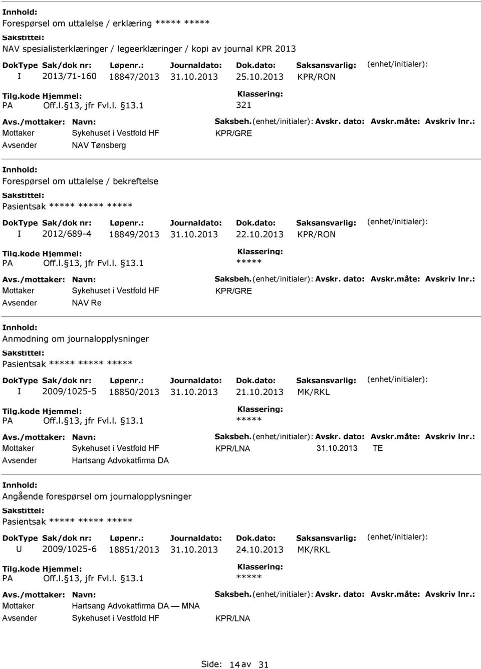 2013 KPR/RON KPR/GRE NAV Re nnhold: Anmodning om journalopplysninger Pasientsak 2009/102