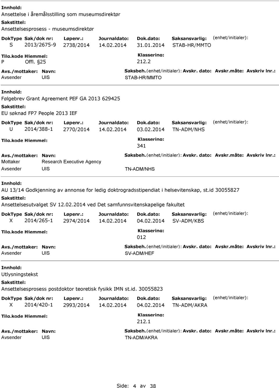 måte: Avskriv lnr.: Mottaker Research Executive Agency A 13/14 Godkjenning av annonse for ledig doktrogradsstipendiat i helsevitenskap, st.id 30055827 Ansettelsesutvalget V 12.02.