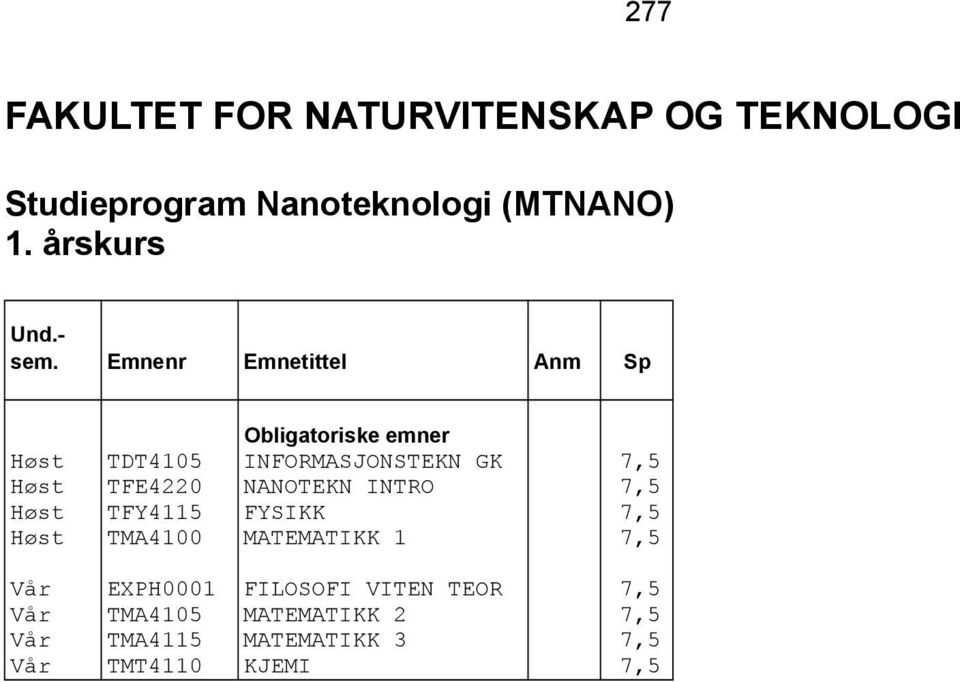 NANOTEKN INTRO 7,5 Høst TFY4115 FYSIKK 7,5 Høst TMA4100