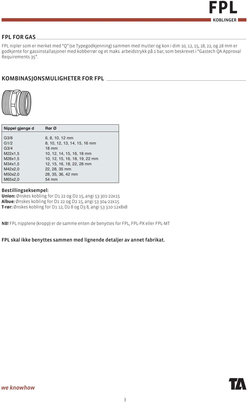 KOMBINASJONSMULIGHETER FOR FPL Nippel gjenge d Rør Ø G3/8 6, 8, 10, 12 mm G1/2 8, 10, 12, 13, 14, 15, 16 mm G3/4 18 mm M22x1,5 10, 12, 14, 15, 16, 18 mm M28x1,5 10, 12, 15, 16, 18, 19, 22 mm M34x1,5