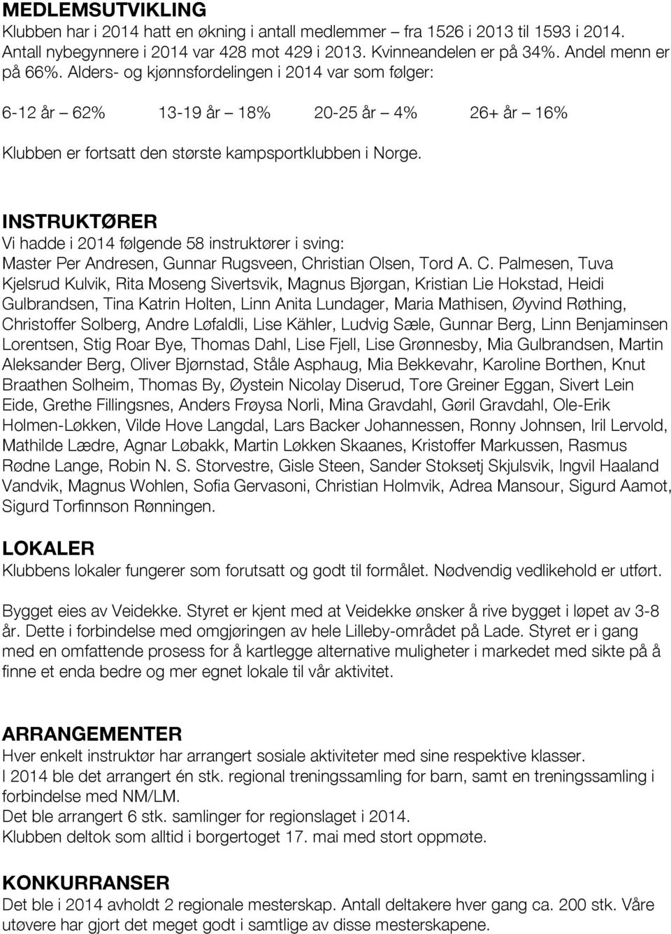 INSTRUKTØRER Vi hadde i 2014 følgende 58 instruktører i sving: Master Per Andresen, Gunnar Rugsveen, Ch