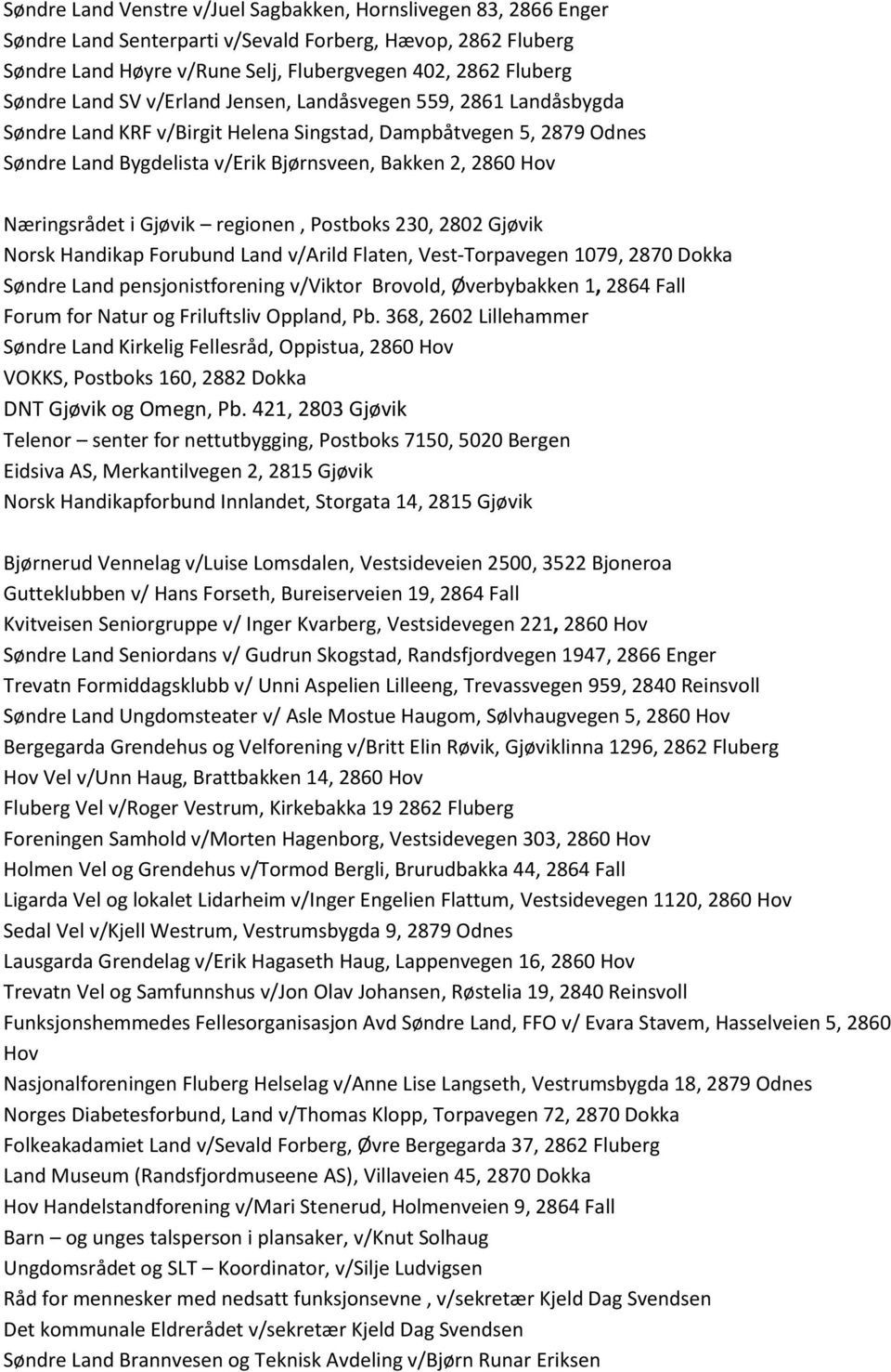 Næringsrådet i Gjøvik regionen, Postboks 230, 2802 Gjøvik Norsk Handikap Forubund Land v/arild Flaten, Vest-Torpavegen 1079, 2870 Dokka Søndre Land pensjonistforening v/viktor Brovold, Øverbybakken