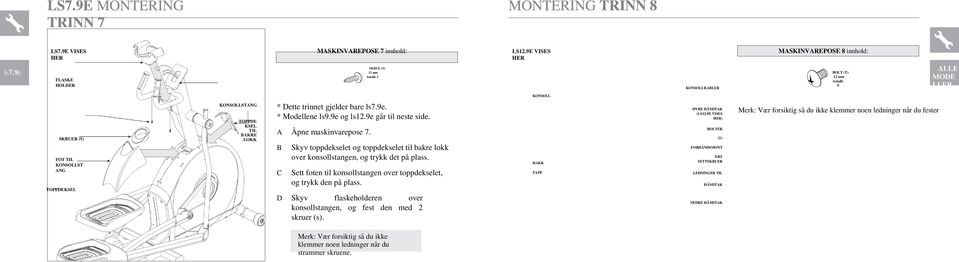 trinnet gjelder bare ls7.9e. * Modellene ls9.9e og ls12.9e går til neste side. A Åpne maskinvarepose 7. B C Skyv toppdekselet og toppdekselet til bakre lokk over konsollstangen, og trykk det på plass.