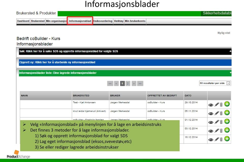 1) Søk og opprett informasjonsblad for valgt SDS 2) Lag eget