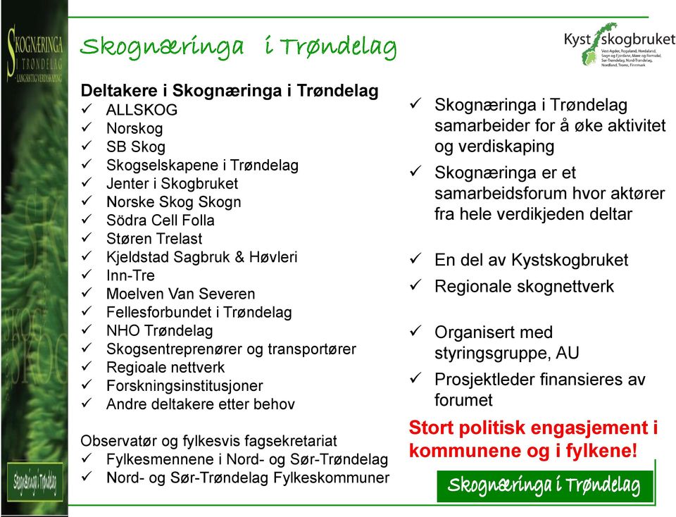 fylkesvis fagsekretariat Fylkesmennene i Nord- og Sør-Trøndelag Nord- og Sør-Trøndelag Fylkeskommuner Skognæringa i Trøndelag samarbeider for å øke aktivitet og verdiskaping Skognæringa er et