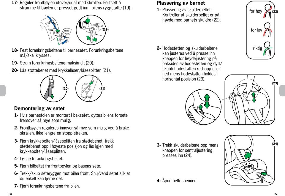 Forankringsbeltene må/skal krysses. 19- Stram forankringsbeltene maksimalt (20). 20- Lås støttebenet med krykkelåsen/låsesplitten (21).