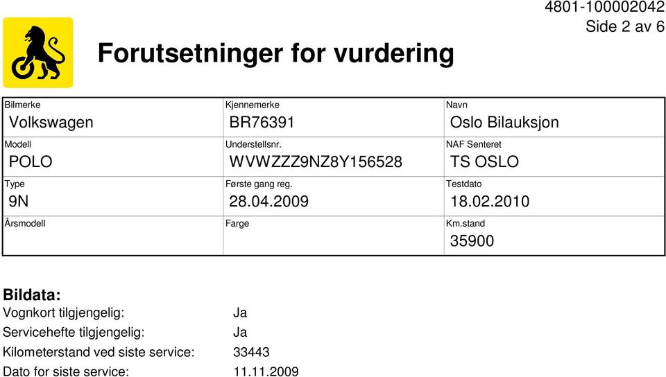 2009 Farge Navn Oslo Bilauksjon NAF Senteret TS OSLO Testdato 18.02.2010 Km.