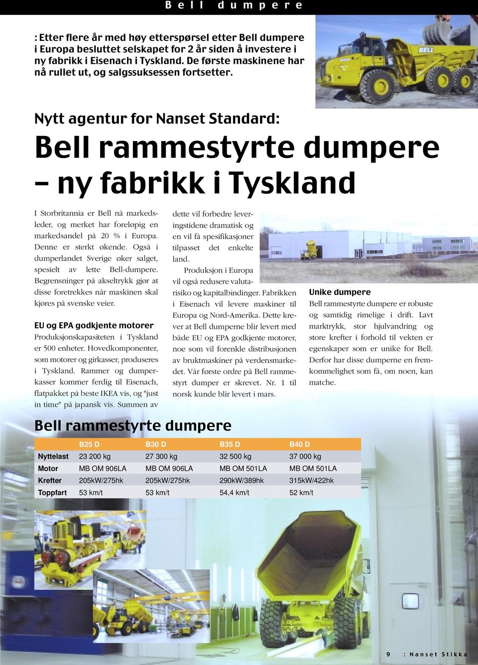 Nytt agentur for Nanset Standard: Bell rammestyrte dumpere ny fabrikk i Tyskland I Storbritannia er Bell nå markedsleder, og merket har foreløpig en markedsandel på 20 % i Europa.