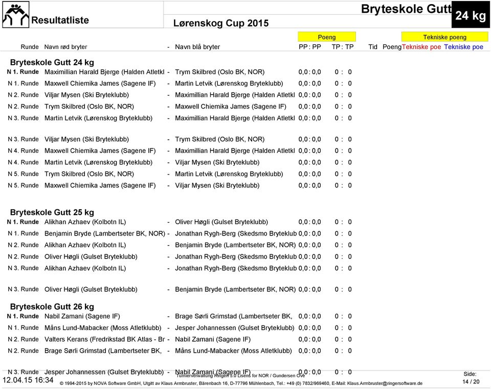 Runde Trym Skilbred (Oslo BK, NOR) - Maxwell Chiemika James (Sagene IF) 0,0: 0,0 0 : 0 N 3. Runde Martin Letvik (Lørenskog Bryteklubb) - Maximillian Harald Bjerge (Halden Atletkl 0,0: 0,0 0 : 0 N 3.