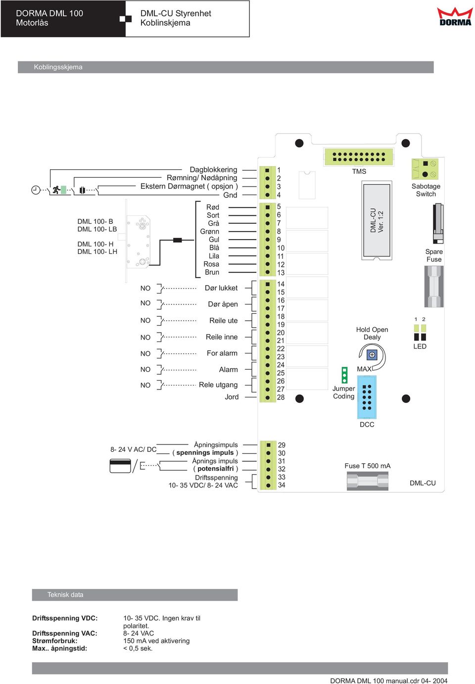 :2 Hold Open Dealy MAX Sabotage Switch 2 LED Spare Fuse DCC 8-24 V AC/ DC Åpningsimpuls ( spennings impuls ) Åpnings impuls ( potensialfri ) Driftsspenning 0-35 VDC/ 8-24 VAC 29 30 3 32 33 34 Fuse