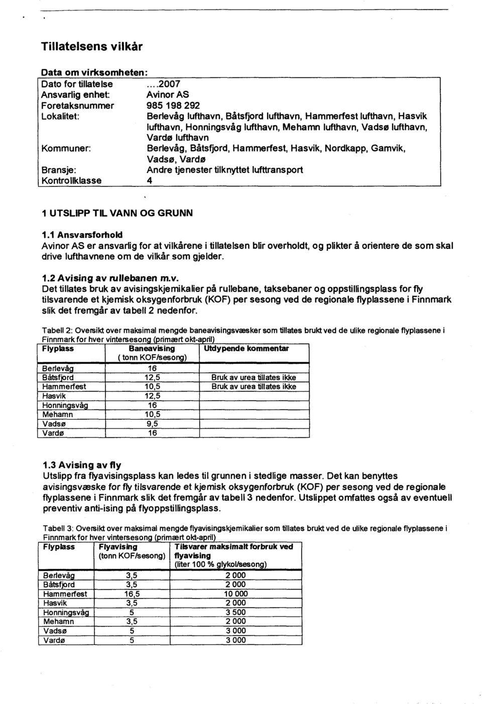 Hammerfest, Hasvik, Nordkapp, Gamvik, Vadsø, Vardø Andre tjenester tilknyttet lufttransport 4 1 UTSLIPP TIL VANN OG GRUNN 1.