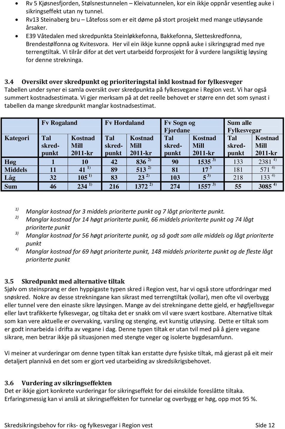 Her vil ein ikkje kunne oppnå auke i sikringsgrad med nye terrengtiltak. Vi tilrår difor at det vert utarbeidd forprosjekt for å vurdere langsiktig løysing for denne strekninga. 3.