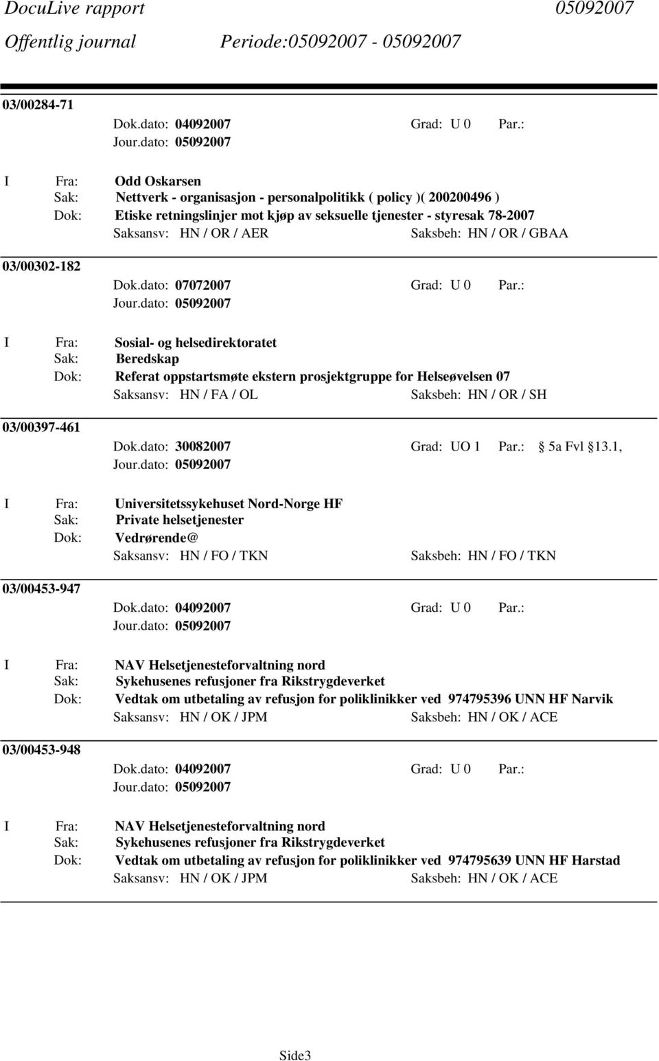 : Sosial- og helsedirektoratet Beredskap Referat oppstartsmøte ekstern prosjektgruppe for Helseøvelsen 07 Saksansv: HN / FA / OL Saksbeh: HN / OR / SH 03/00397-461 Dok.dato: 30082007 Grad: UO 1 Par.