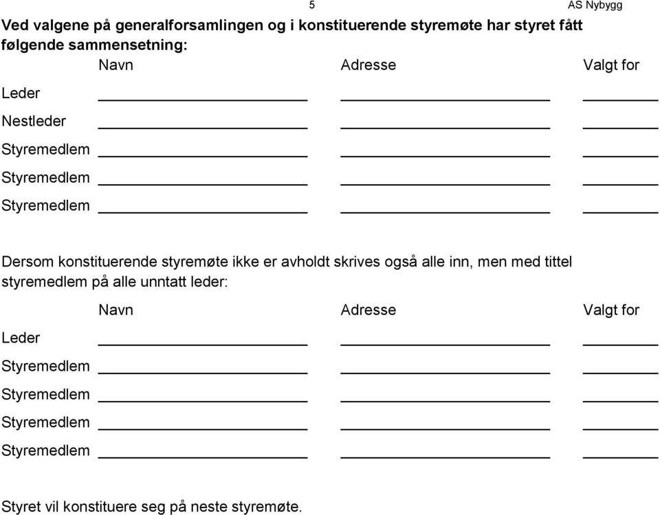 konstituerende styremøte ikke er avholdt skrives også alle inn, men med tittel