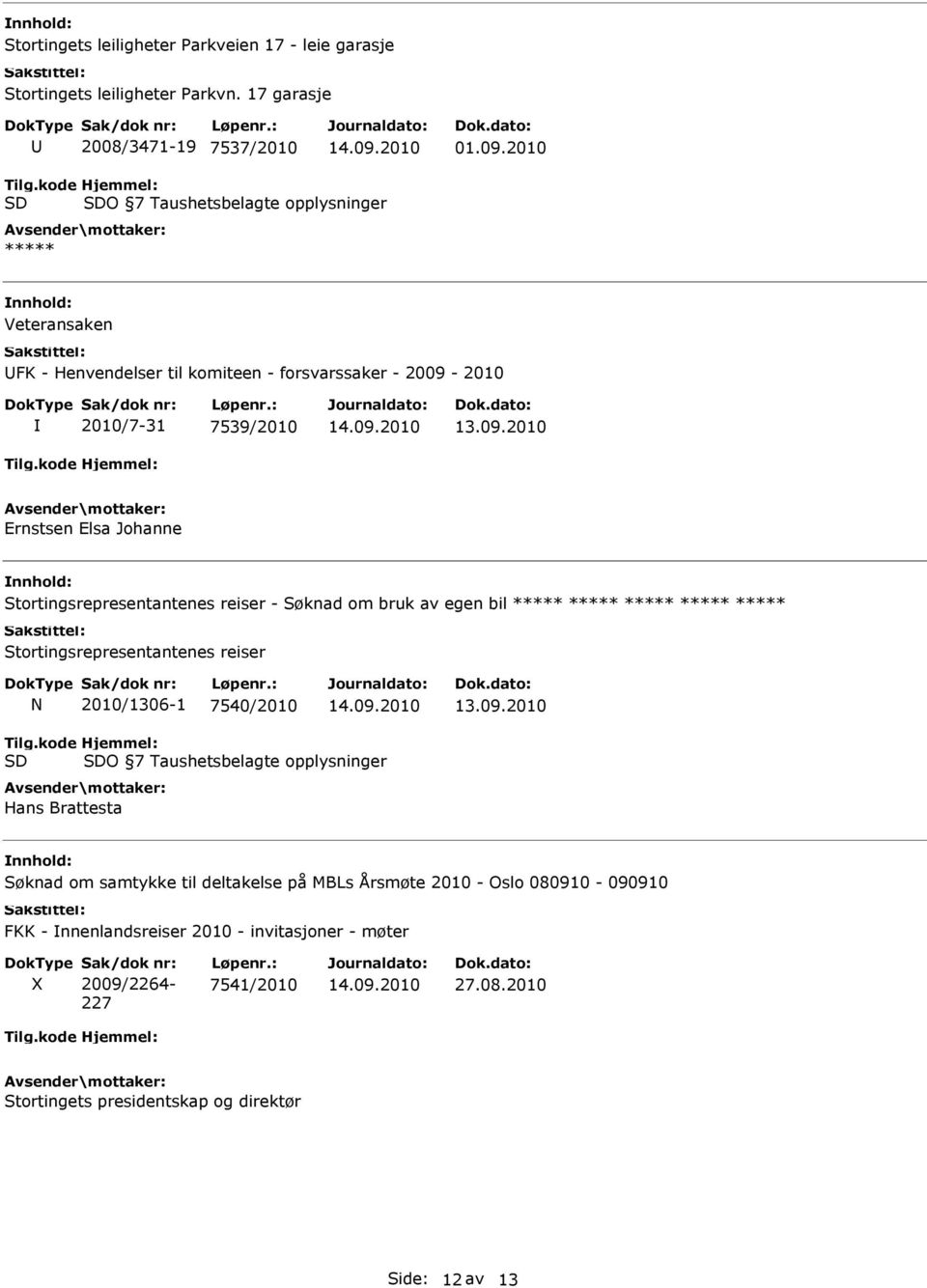 Stortingsrepresentantenes reiser - Søknad om bruk av egen bil Stortingsrepresentantenes reiser N 2010/1306-1 7540/2010 O 7 Taushetsbelagte opplysninger Hans