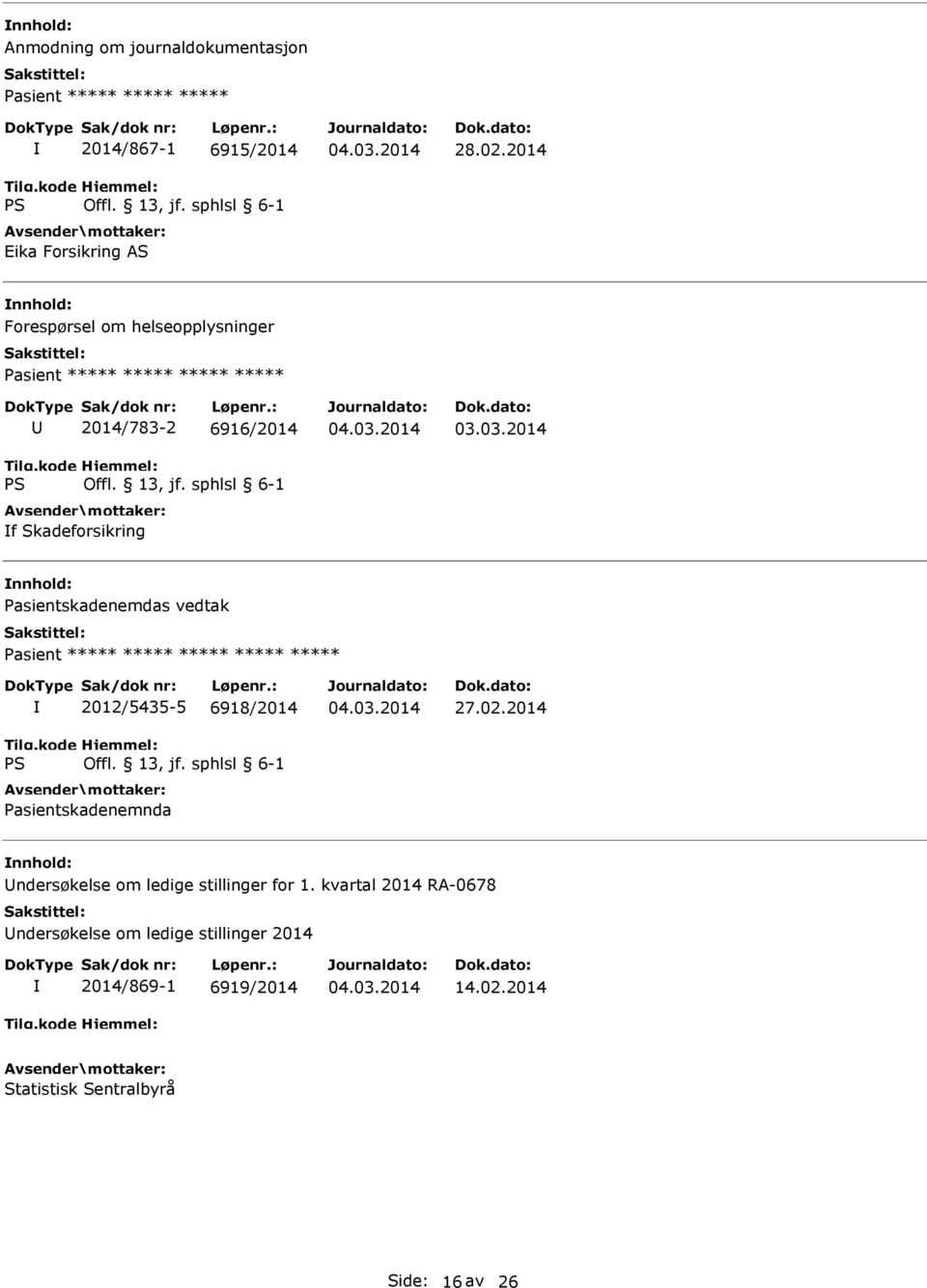 Pasientskadenemdas vedtak Pasient ***** ***** ***** ***** ***** 2012/5435-5 6918/2014 Pasientskadenemnda 27.02.