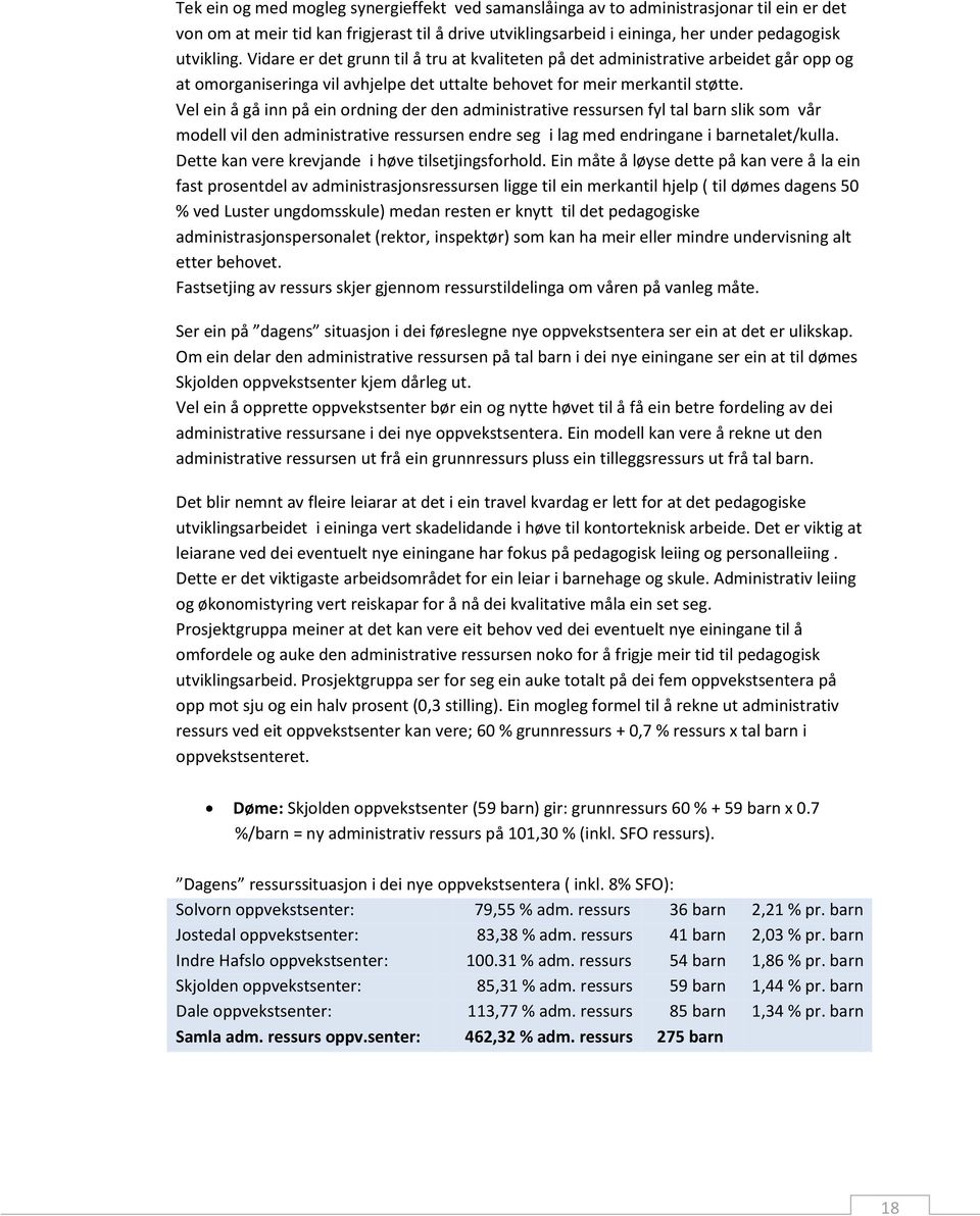 Vel ein å gå inn på ein ordning der den administrative ressursen fyl tal barn slik som vår modell vil den administrative ressursen endre seg i lag med endringane i barnetalet/kulla.